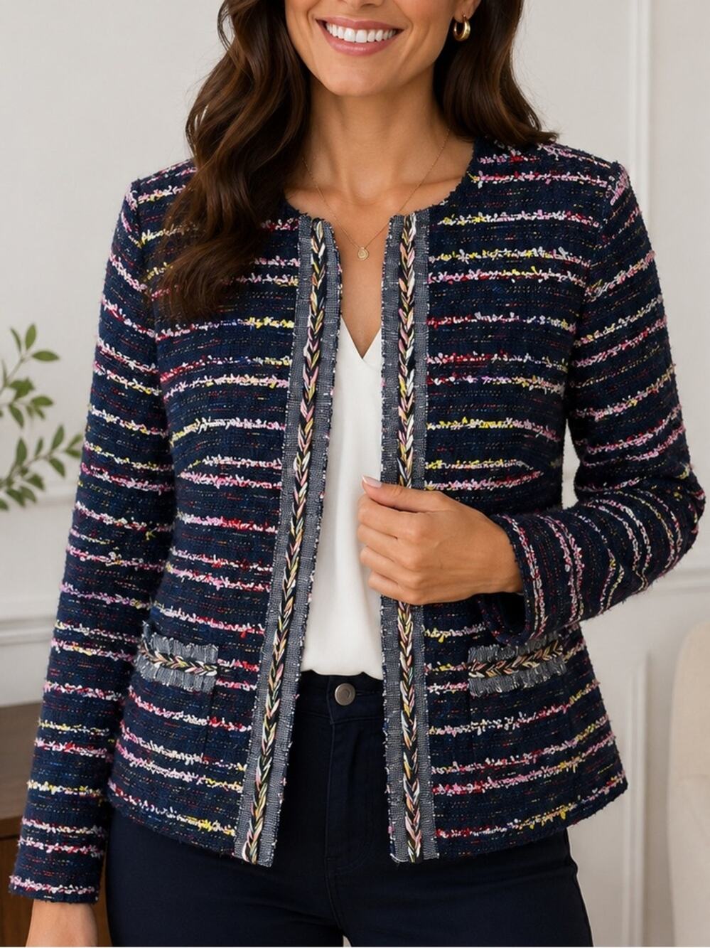 Talbots Navy Multicolor Tweed Jacket Size 8 Fringe Trim Textured Open Front